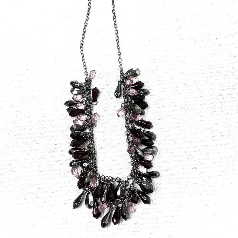 Multi-Strand Gun Metal Necklace w Gunmetal, Opaque & Deep Purple Beads Necklace